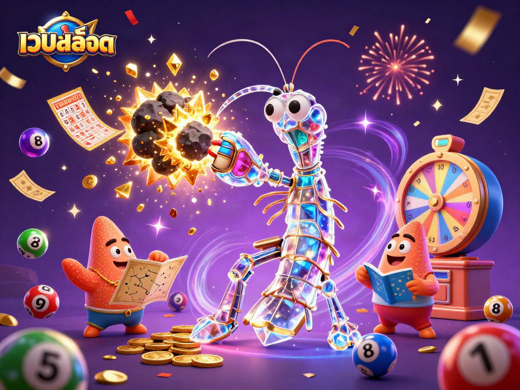 Engage in excitement with เว็บสล็อต featuring a dynamic 3D scene of lottery balls, vibrant confetti, and golden gems.