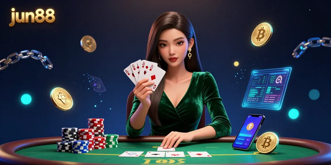 Experience the excitement at jun88 with a stunning poker scene featuring dynamic crypto elements.