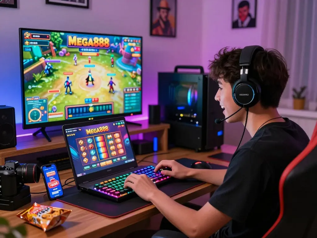 Gamer maximizing free credit Mega888 in a colorful gaming setup with promotional graphics on screen, surrounded by gaming gear and snacks for an immersive experience.