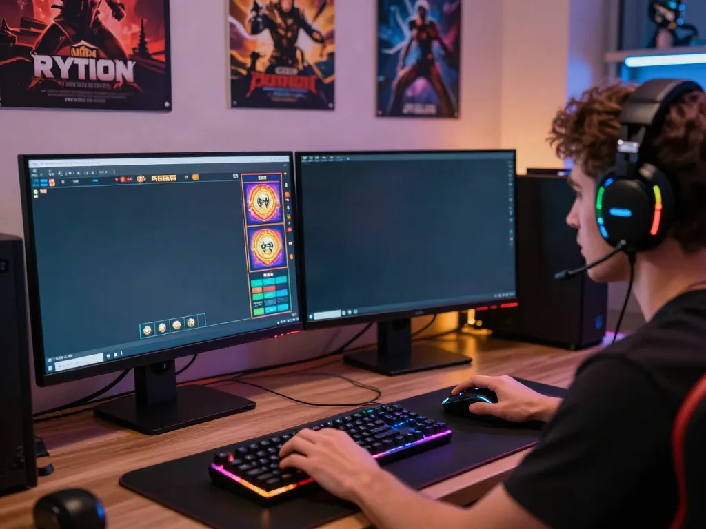 engaged player at a dual-monitor gaming setup with akunjp slot games