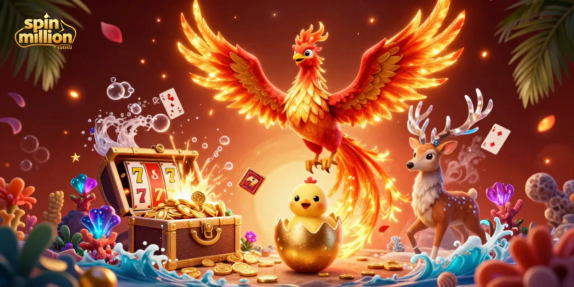 Experience excitement with spin million casino as vibrant phoenixes soar among gold coins and slot symbols.