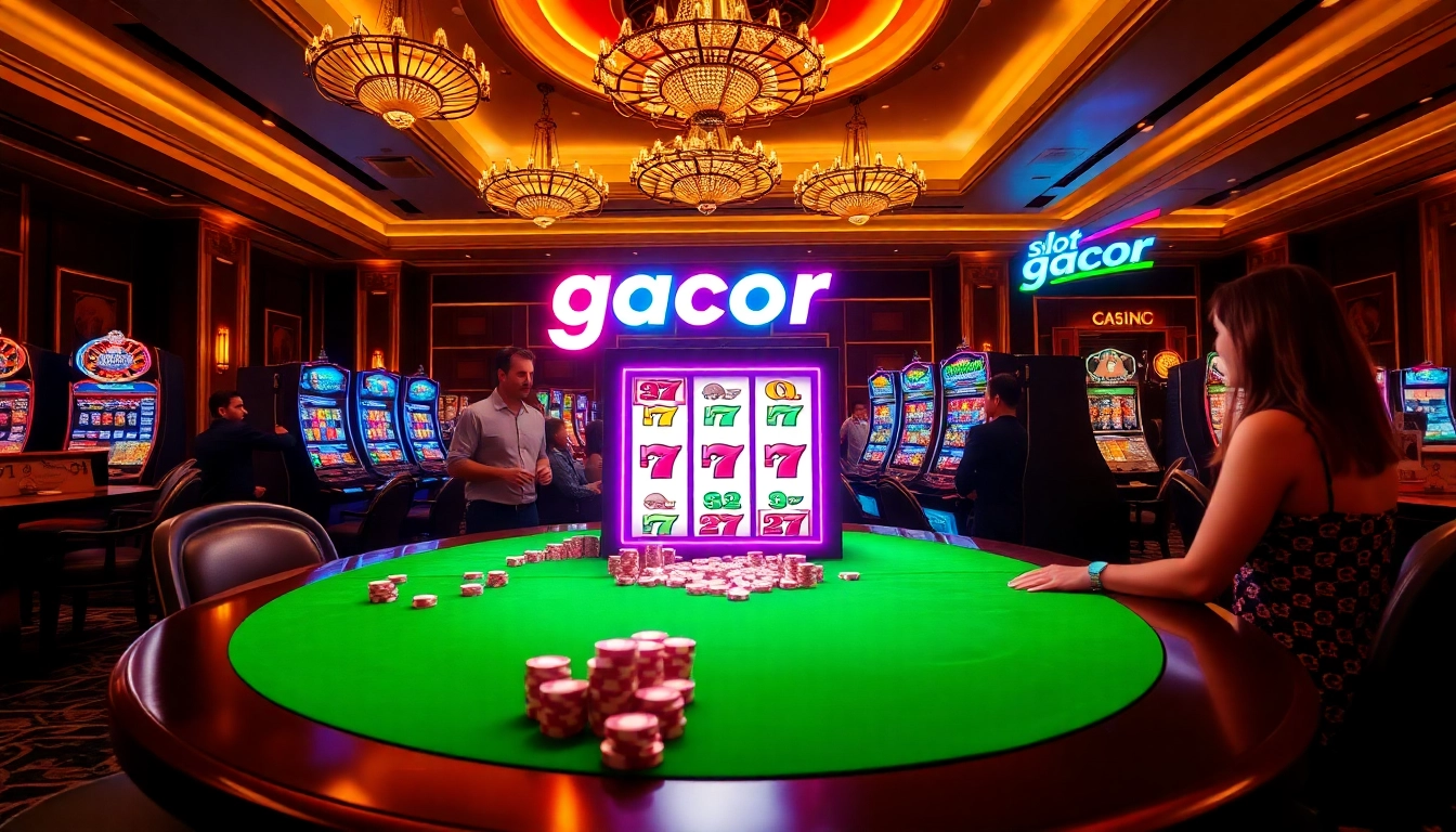 Experience the thrill of slot gacor in a vibrant casino atmosphere with spinning reels and excited players.