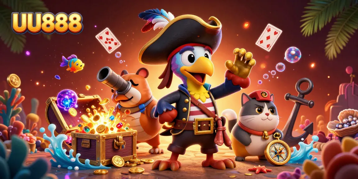 Engage with UU888's thrilling slots adventure surrounded by treasure and vivid characters.