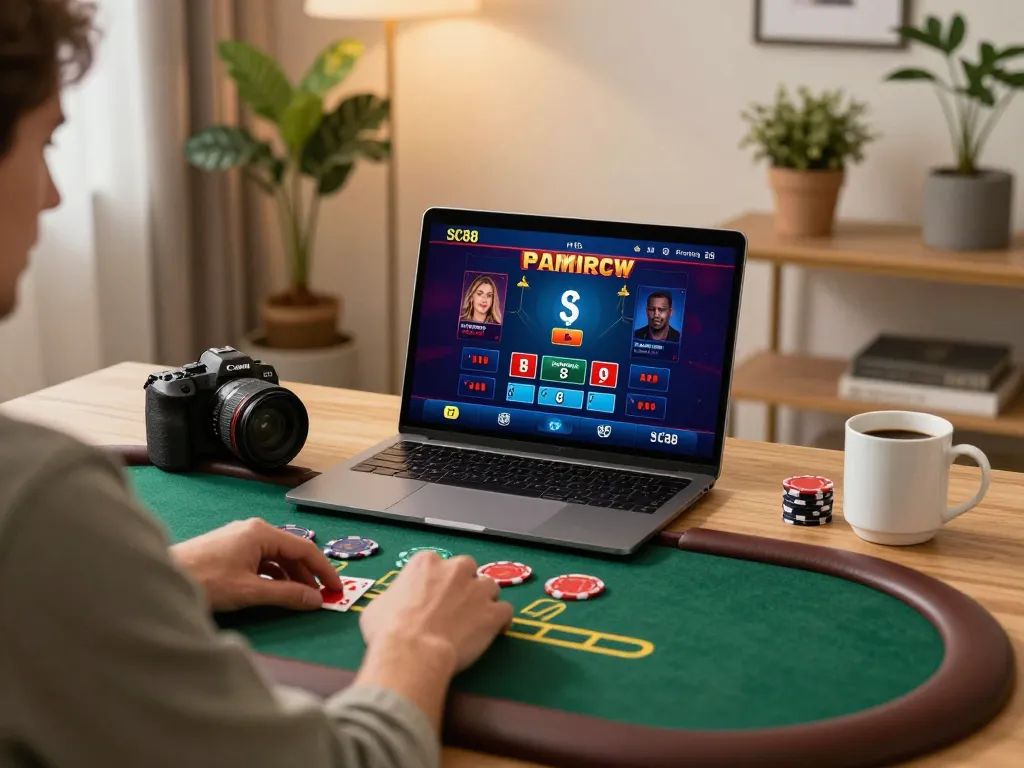 Player strategizing on SC88 live dealer blackjack game in cozy home office.