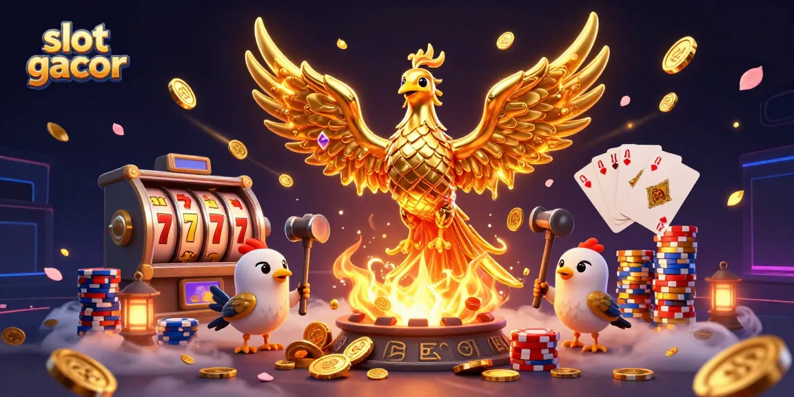 Slot gacor menghadirkan ilustrasi 3D dengan phoenix emas, koin berkilau, dan permainan slot menarik.