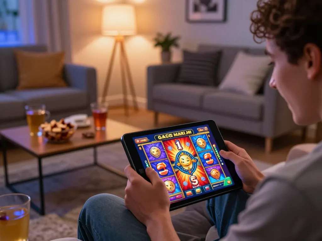 Playing slot gacor hari ini on a tablet in a cozy home environment,-focused and engaged gaming scene