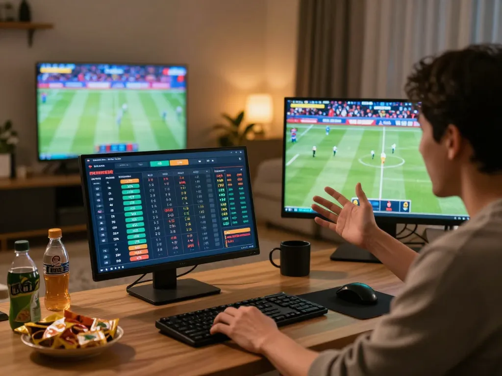 Player placing bets on 388bet during live sports event from home with multiple screens