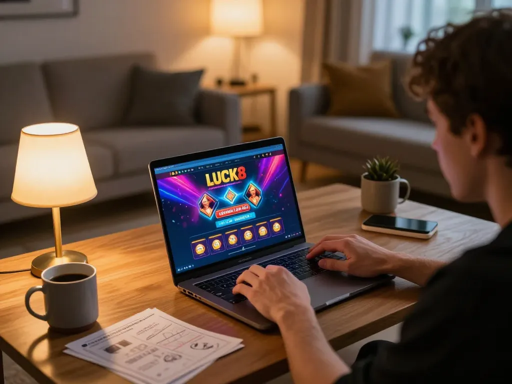 Người chơi tương tác với ứng dụng casino lucks8 trên máy tính xách tay tại nhà, thể hiện bầu không khí chơi game chiến lược