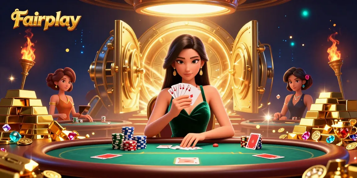 Experience strategy at Fairplay with an Asian woman mastering poker amidst gold treasures and gems.