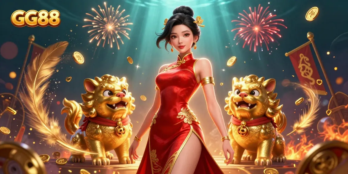 Win big with GG88 as a glamorous woman enjoys slot gaming surrounded by fortune symbols.