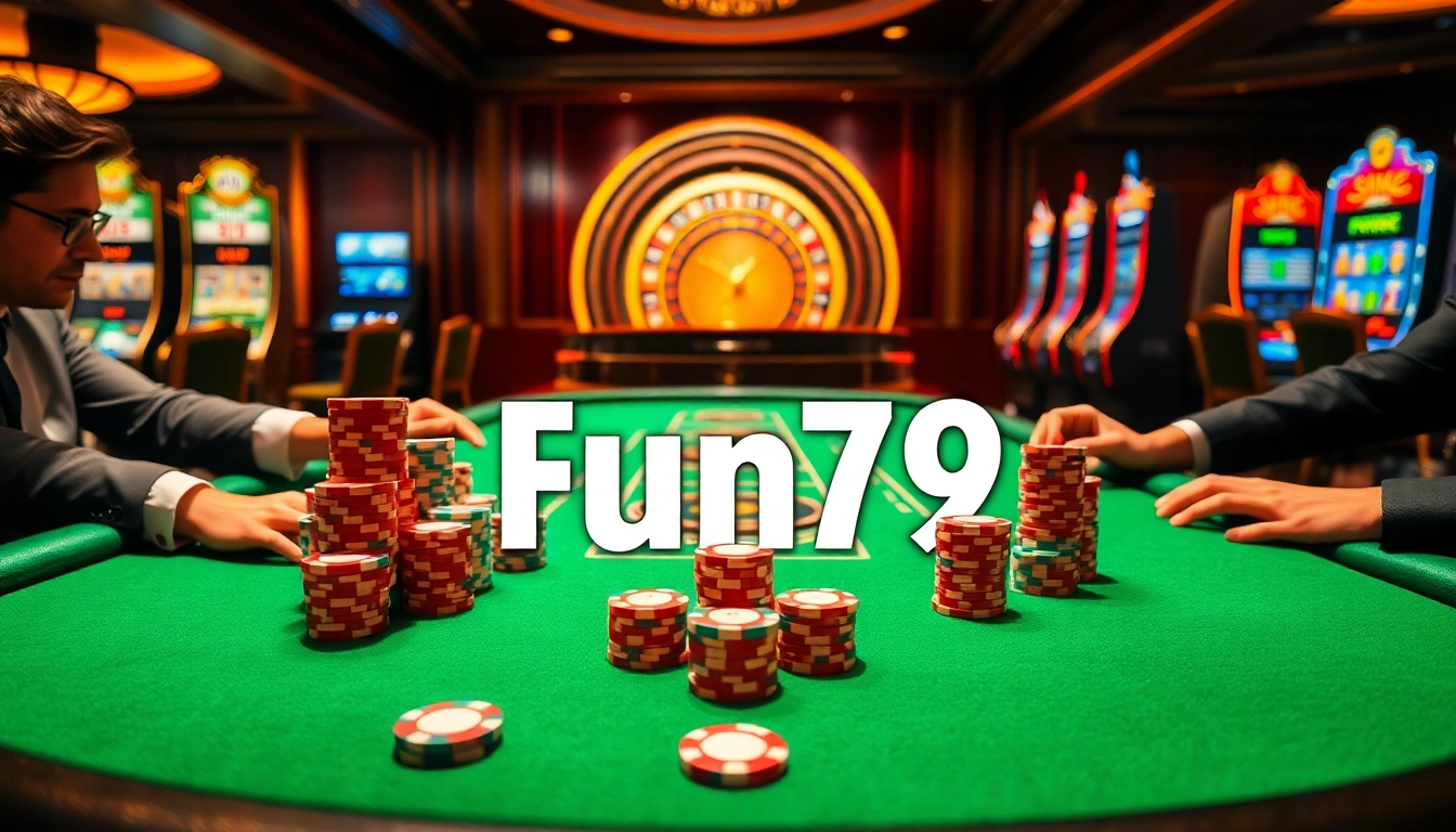 Experience excitement and high stakes at fun79 with a luxurious casino atmosphere featuring poker and roulette.