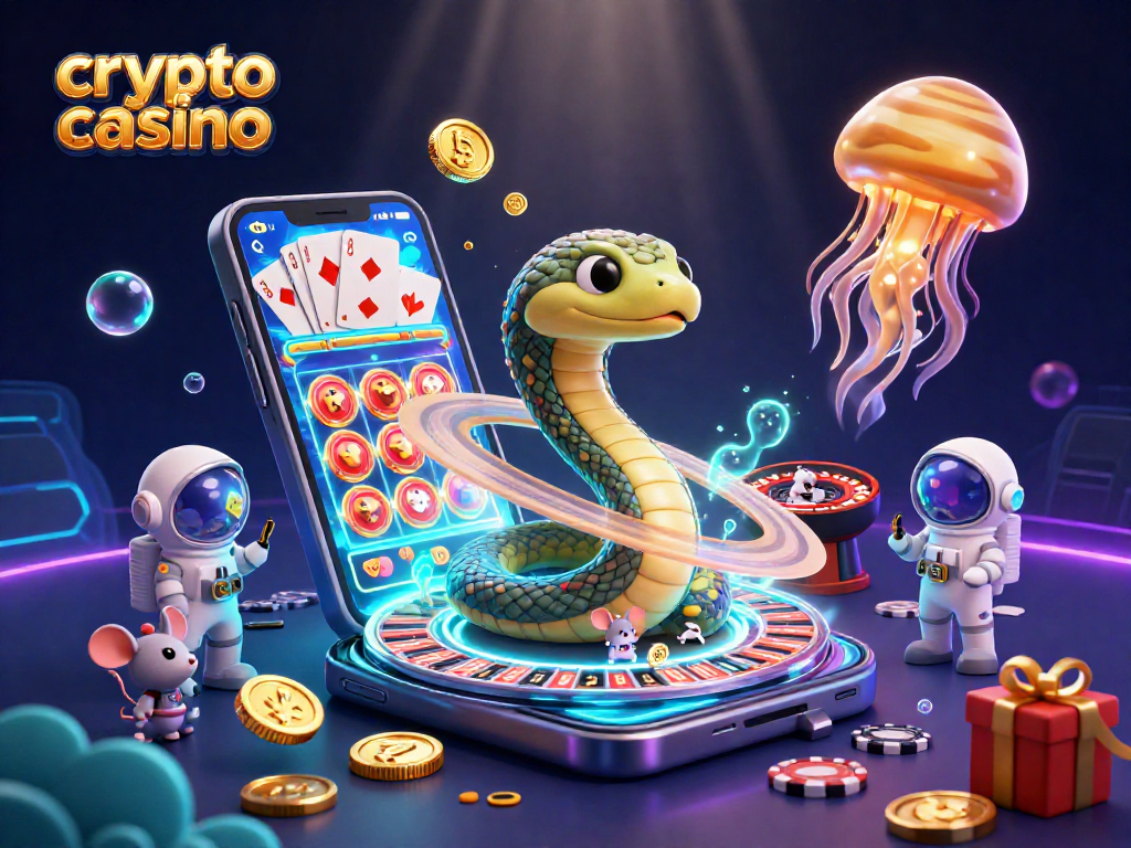 Experience the thrill of a crypto casino with a vibrant cosmic scene of gambling action.
