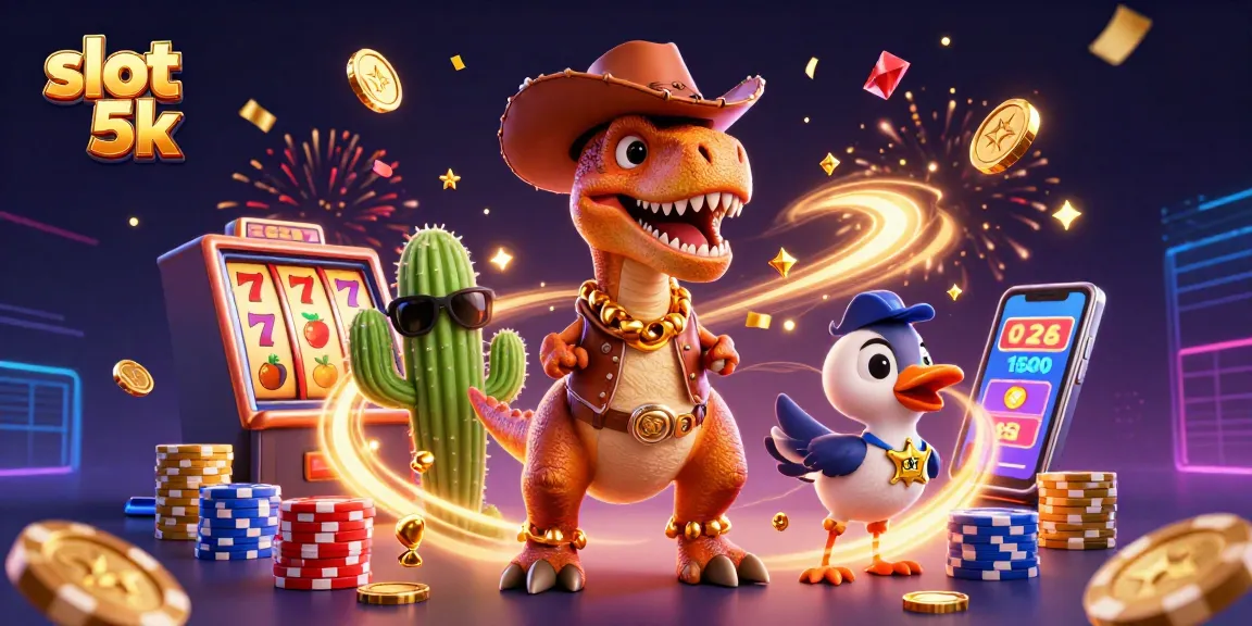 Experience the thrill of slot 5k gaming with a 3D T-Rex cowboy and slot machine excitement!