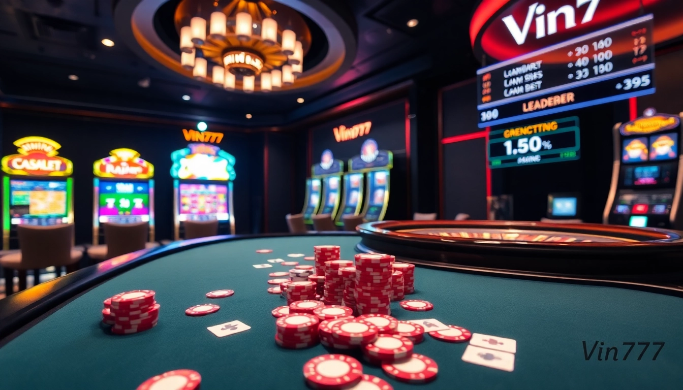 Vin777 gaming table with colorful chips and cards, highlighting an exciting casino atmosphere.