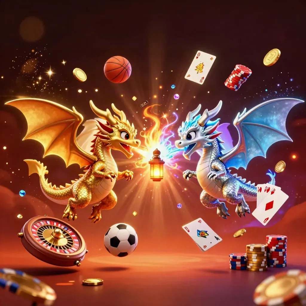 Gold and silver dragons clash with casino props in a fiery neon sports-casino splash.