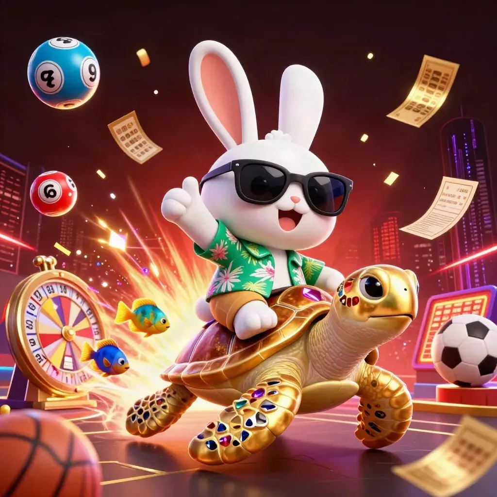 Lucky rabbit rides a golden turtle amid casino sports icons and neon lights.