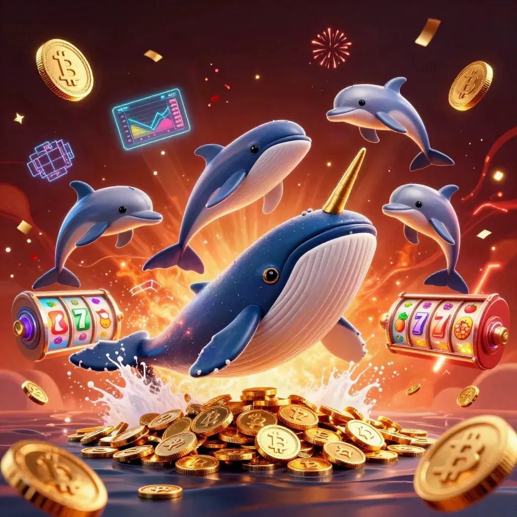Whale captain, narwhal, and dolphins amid neon coins, casino symbols, embers, and cinematic gold glow