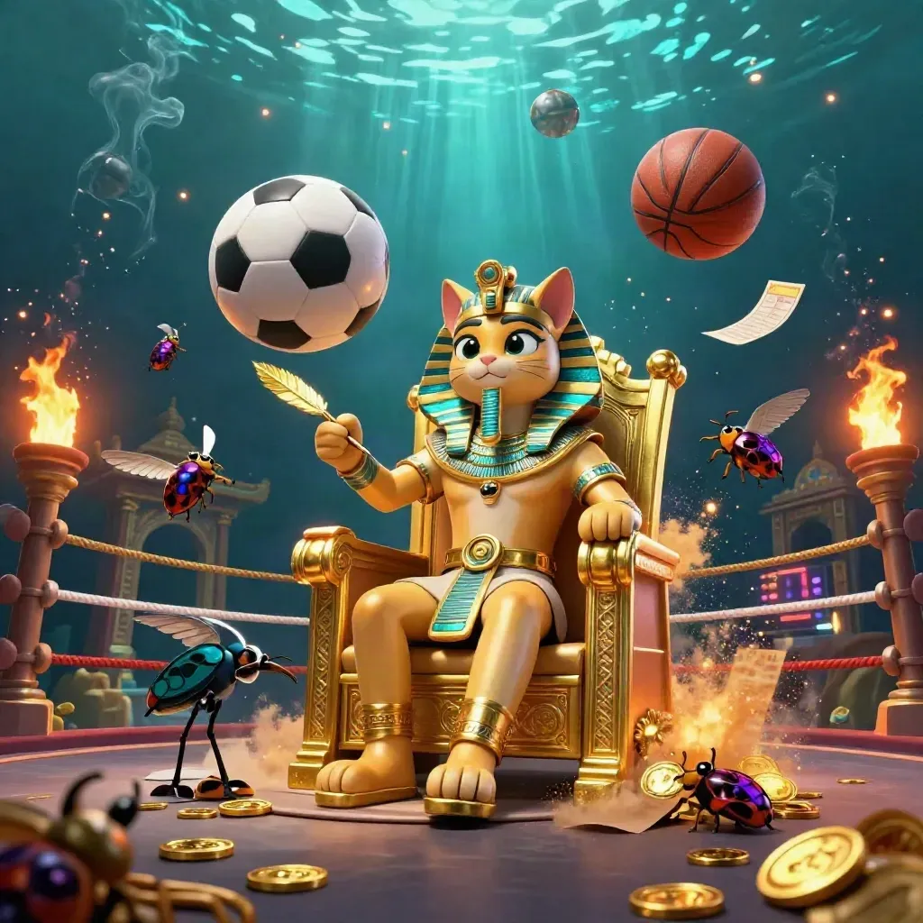 Pharaoh cat, ibis scribe, and scarab beetles amid flying balls, coins, and neon casino sports chaos.