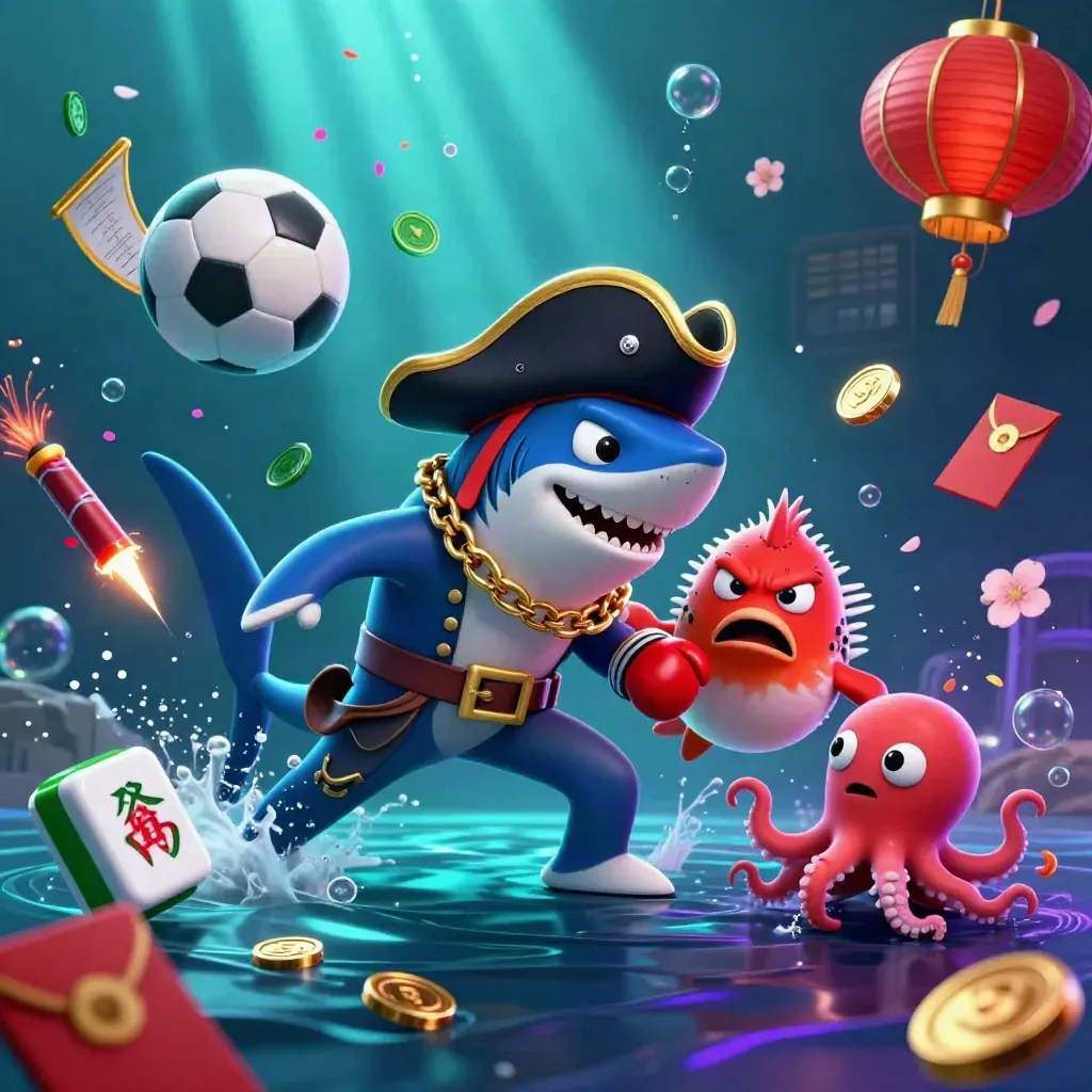 Cartoon pirate shark, pufferfish, and baby octopus amid underwater casino sports chaos.
