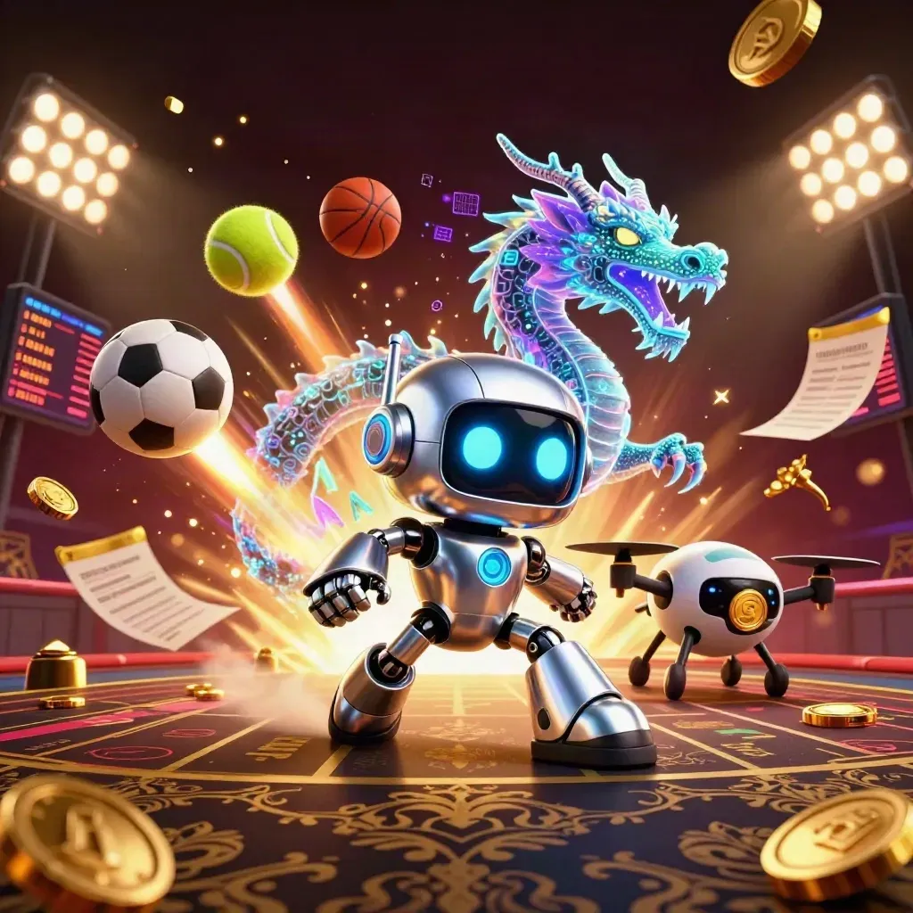 Chrome robot, digital dragon, and coin drone amid flying sports balls, trophy, and gold coins