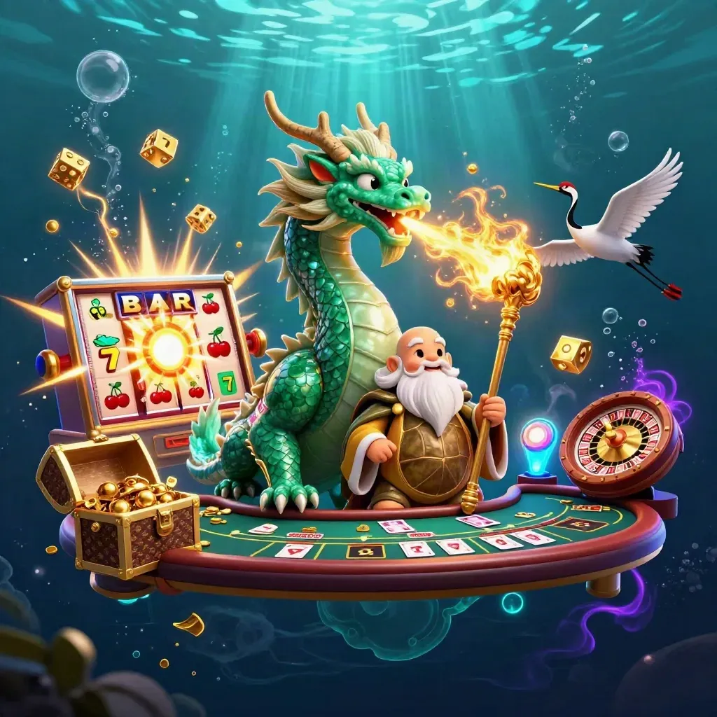 Emerald dragon, turtle sage, cranes, slot burst, gold fire, and neon underwater casino luxury.