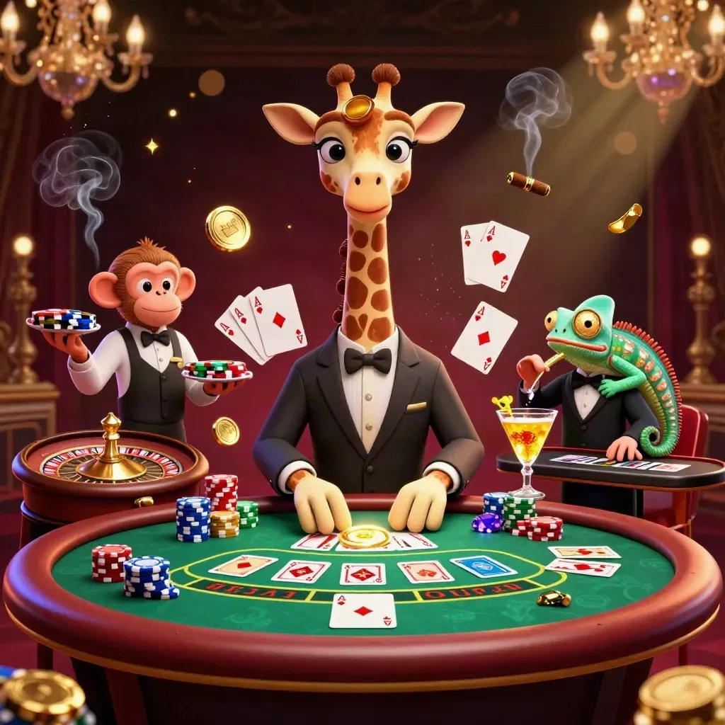 Cartoon giraffe, monkey valet and chameleon bartender in a luxe casino with chips and cards