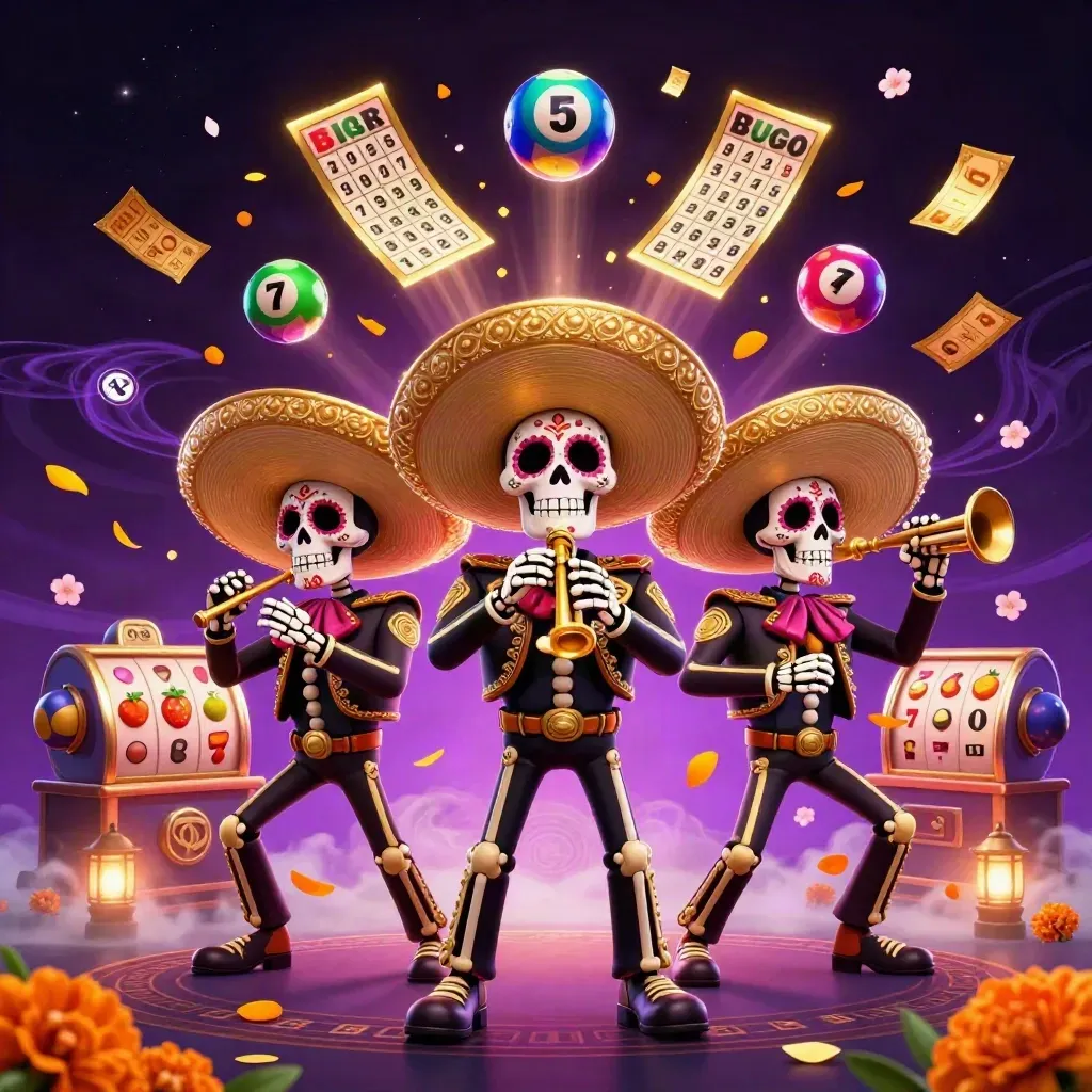 Skeleton mariachi trio amid lottery balls, prize wheel, bingo card, and neon casino energy.