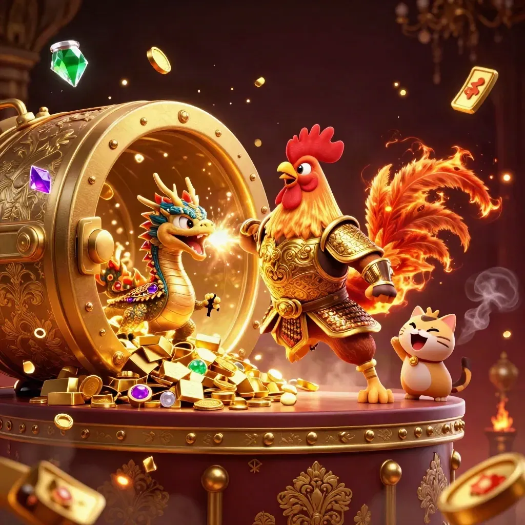 Samurai rooster, spark-breathing dragon hatchling and fortune cat burst open a gold vault