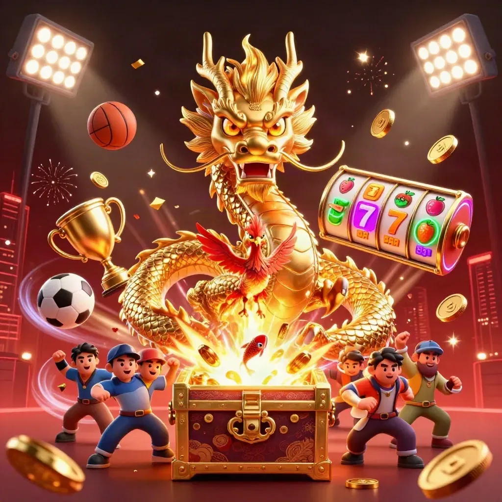 Golden dragon, phoenix, koi, coins, sports balls, trophy, and casino energy bursting in neon gold.