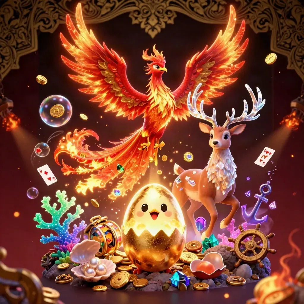 Phoenix, baby phoenix, and crystalline stag amid treasure, coral, coins, and casino sparks