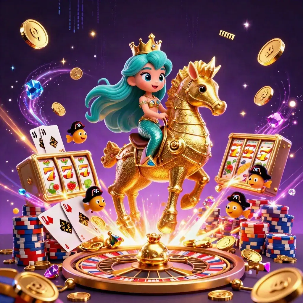 Mermaid princess on seahorse amid casino coins, chips, cards, reels, and neon magic.