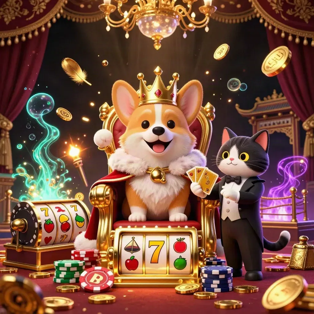 Royal corgi and cat butler amid bursting gold, coins, reels, and casino fireworks