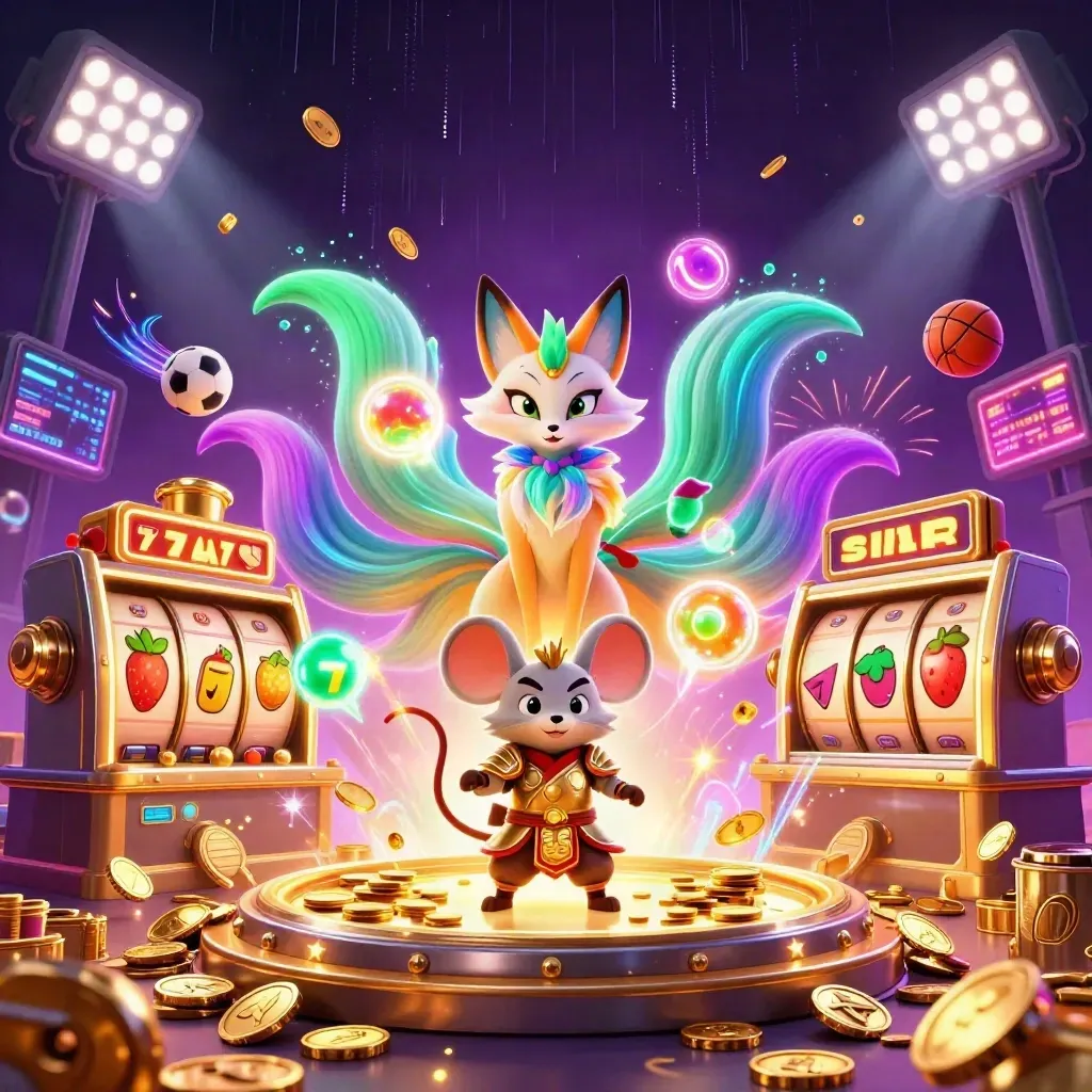 Fox spirit and samurai mouse burst from a casino vault amid coins, sports balls, and fireworks.