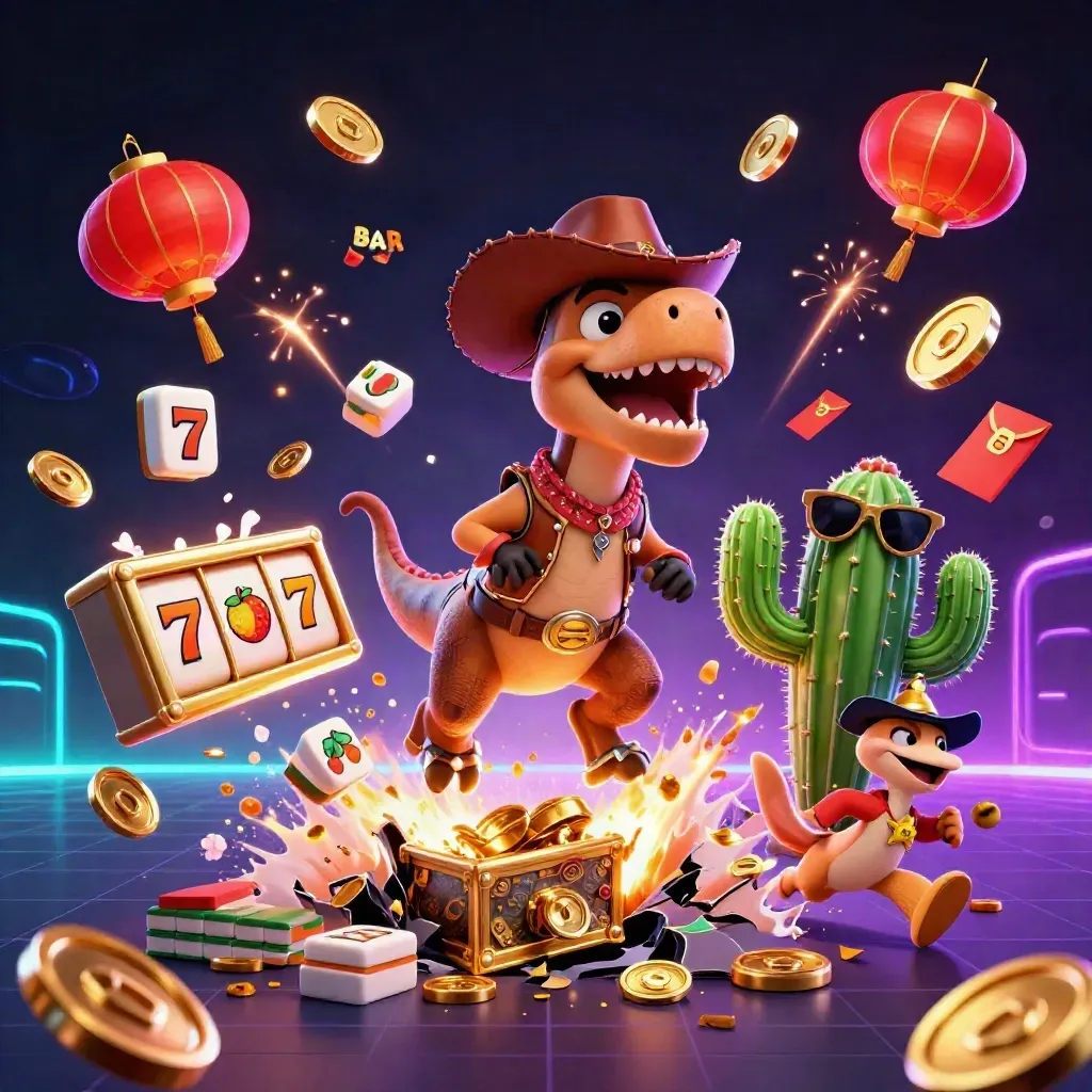 Cowboy T-Rex, cactus, and roadrunner amid casino treasure, coins, fireworks, and slot symbols.