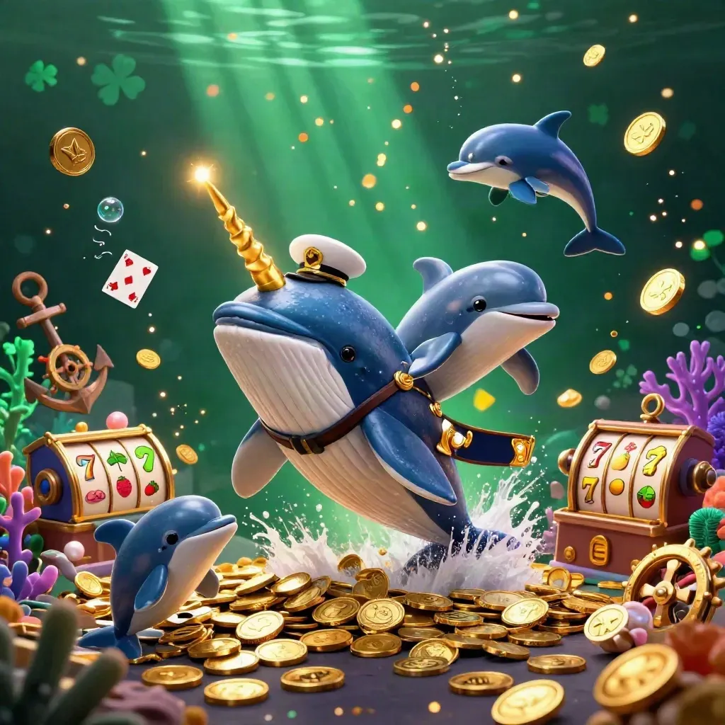 Whale captain, narwhal, and dolphins blasting through coins in a luxe neon casino undersea scene