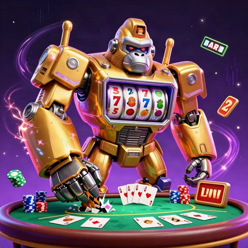 Golden gorilla slot mech with monkey pilot, chips, cards, and neon casino energy on a purple-black backdrop.