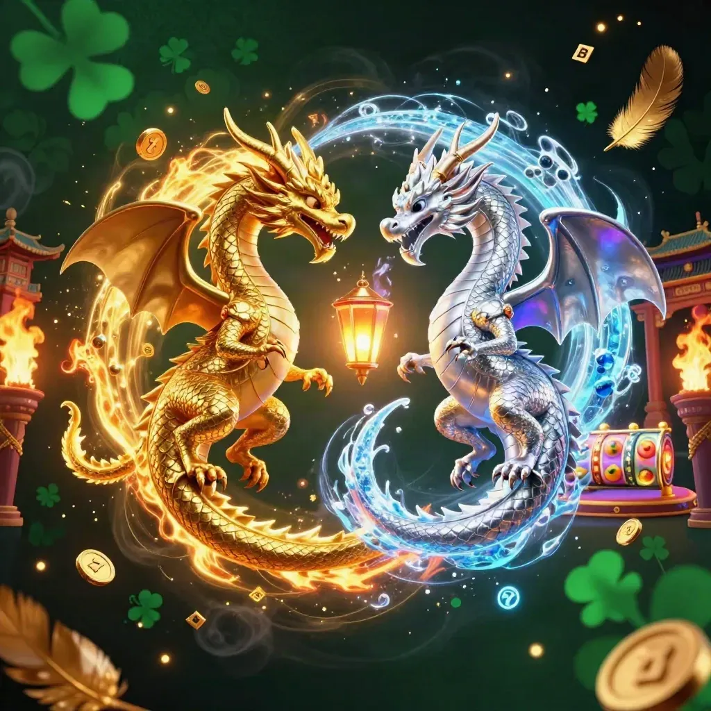Twin gold and silver dragons spiral with lantern spirit, coins, reels, and temple lights.