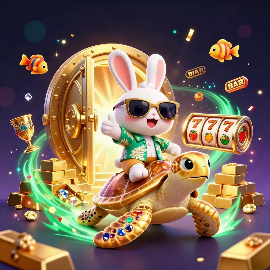 Lucky rabbit rides a golden sea turtle amid casino treasure and neon sparkles.