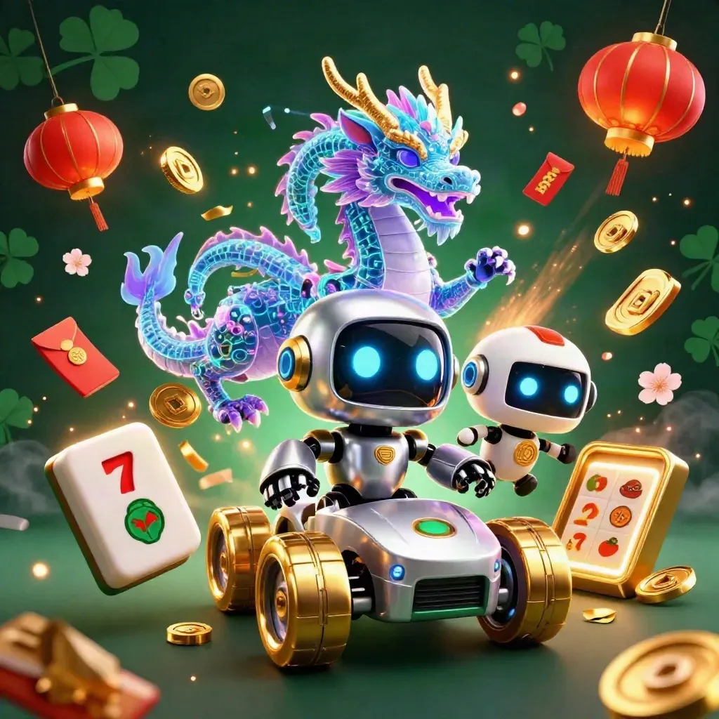 Cyberpunk robot, holographic dragon, coin drone amid casino luck charms and neon gold light