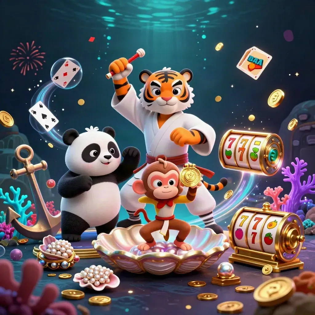 Kung-fu tiger, panda, and monkey in a glowing underwater treasure cove with gold coins and casino symbols.
