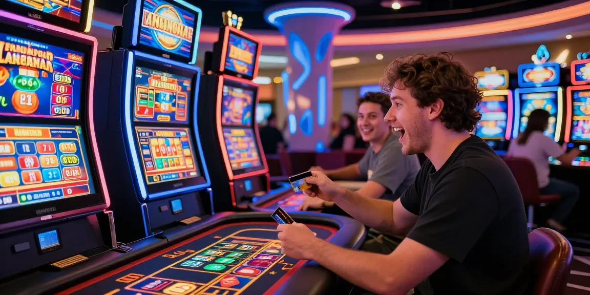Exciting credit card casinos scene with vibrant gaming tables and slot machines, showcasing the thrill of online gambling.