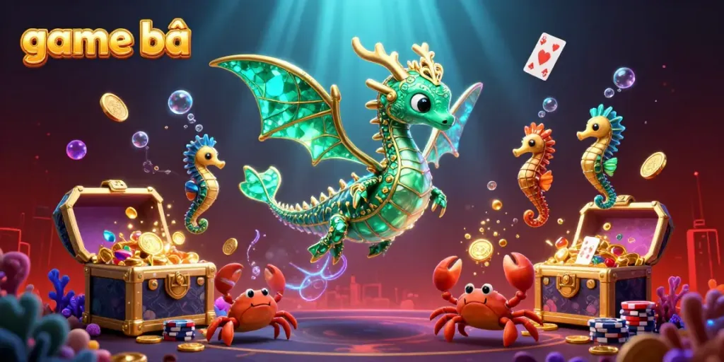 Engaging sea dragon and royal seahorse representing game bài with casino elements and underwater treasure.