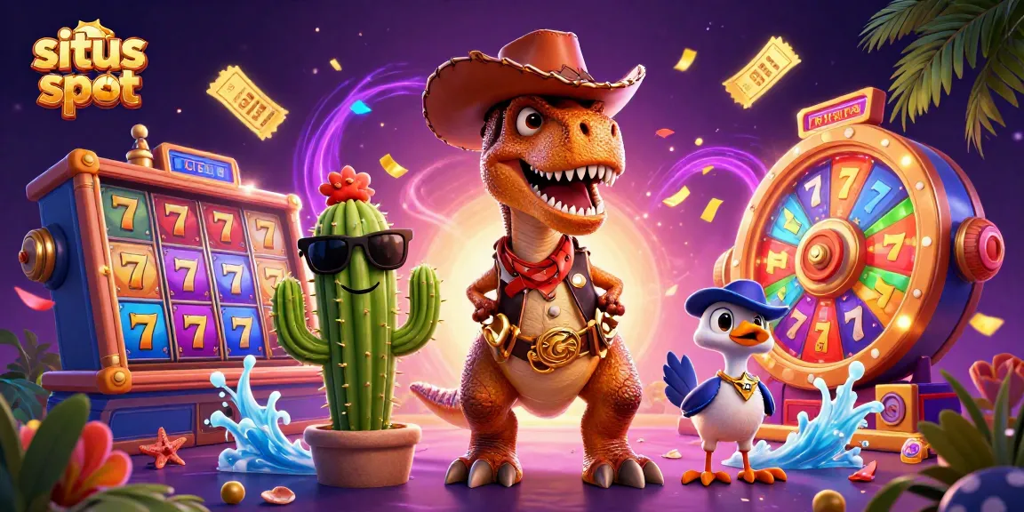Spin the best slots at situs slot in a vibrant, energetic 3D casino scene with lucky symbols.