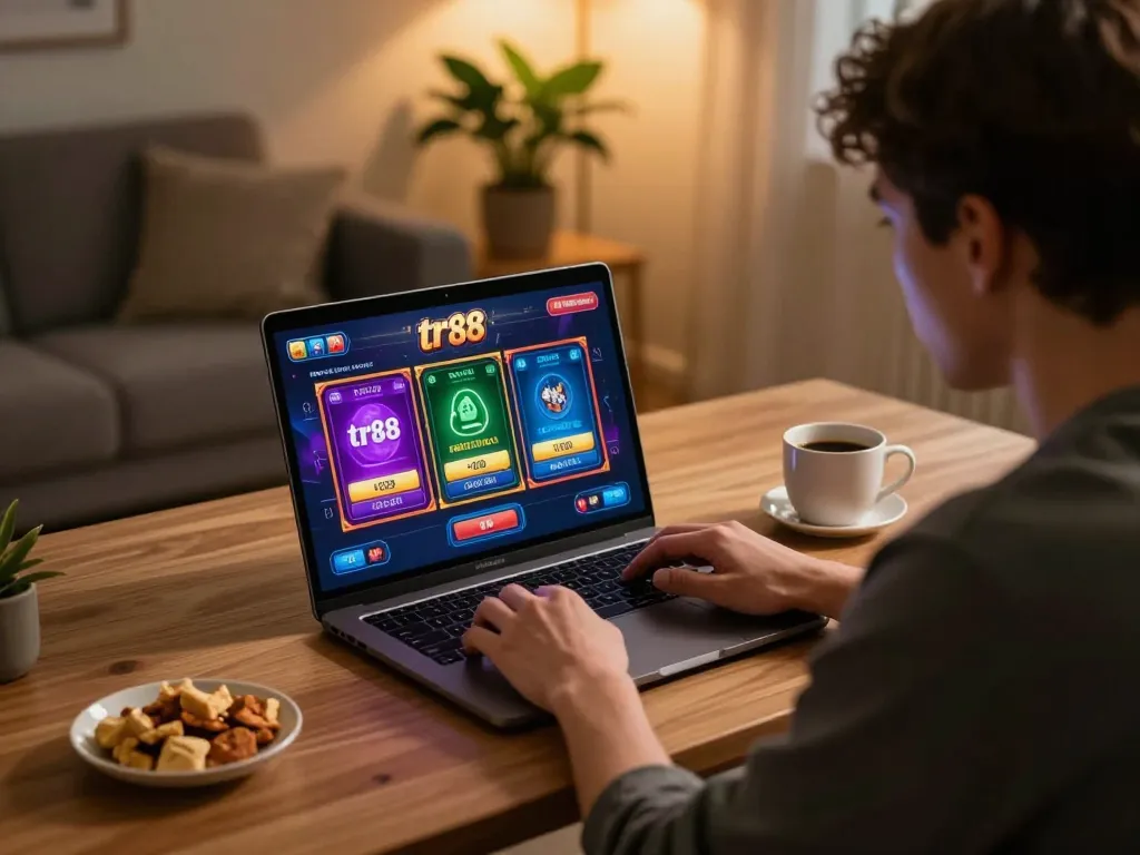 Engaging with tr88 online casino on a laptop, illustrating strategic gameplay from home.
