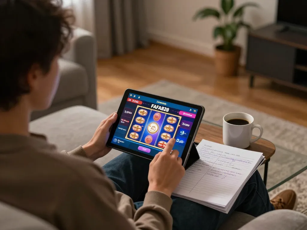 เล่นเกมสล๊อต FAFA828 ที่น่าตื่นเต้นบนแท็บเล็ตในบรรยากาศห้องนั่งเล่นที่อบอุ่น