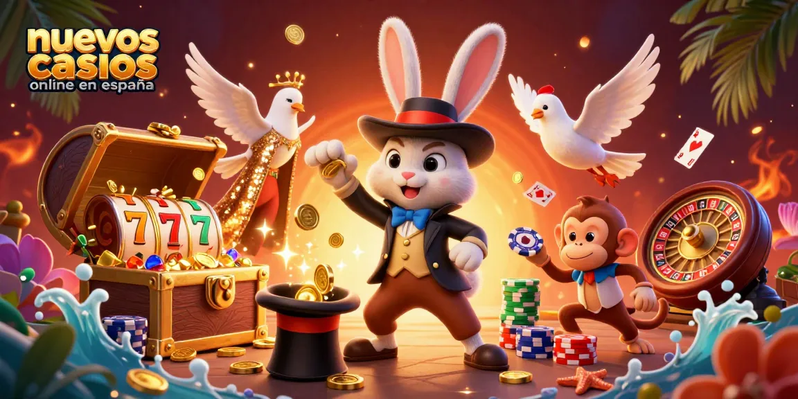 Nuevos casinos online en españa showcase vibrant 3D characters, gold coins, and dynamic casino elements.