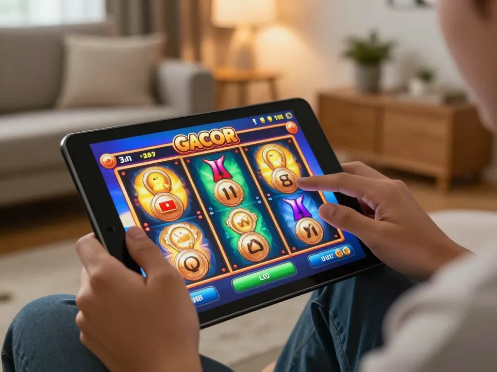 Engaging with slot gacor game on tablet in warm home setting