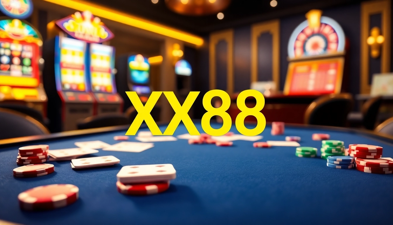 Experience the thrill of gaming at XX88 with vibrant casino tables and slot machines.