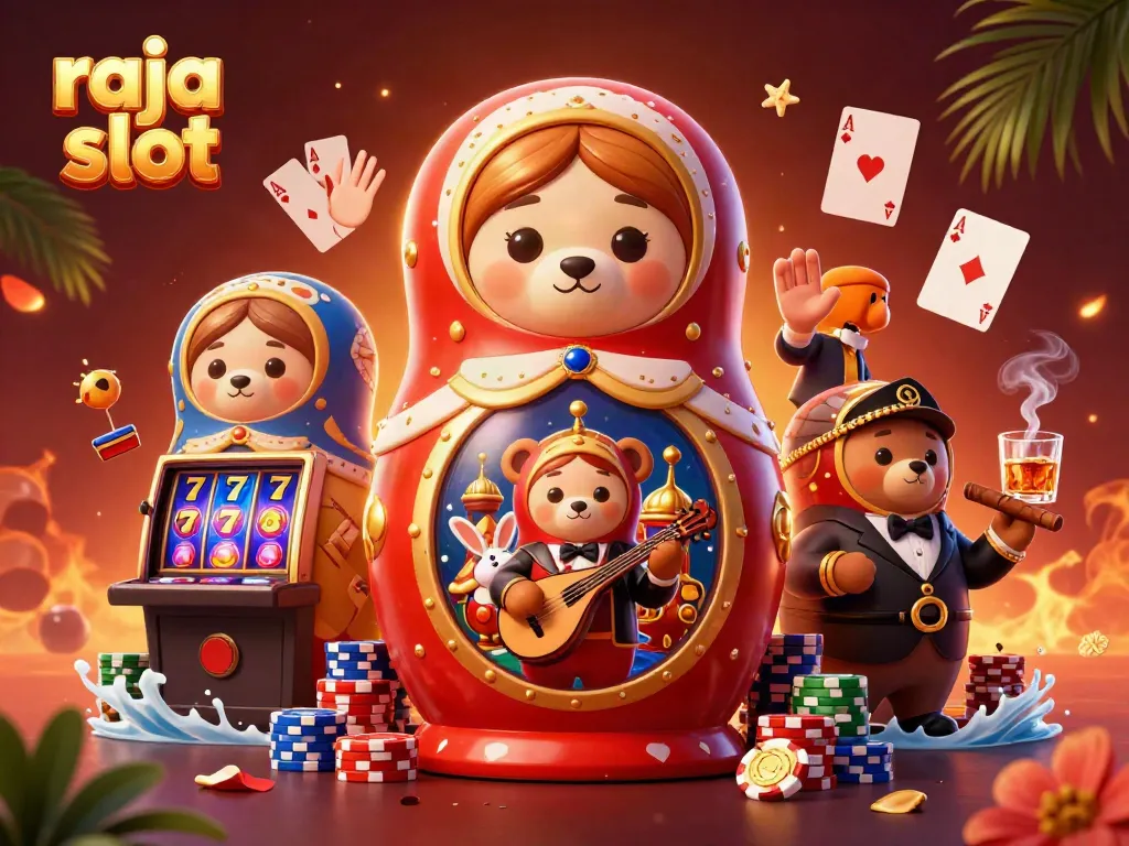Raja slot menampilkan karakter Matryoshka dan dealer kasino yang dinamis.