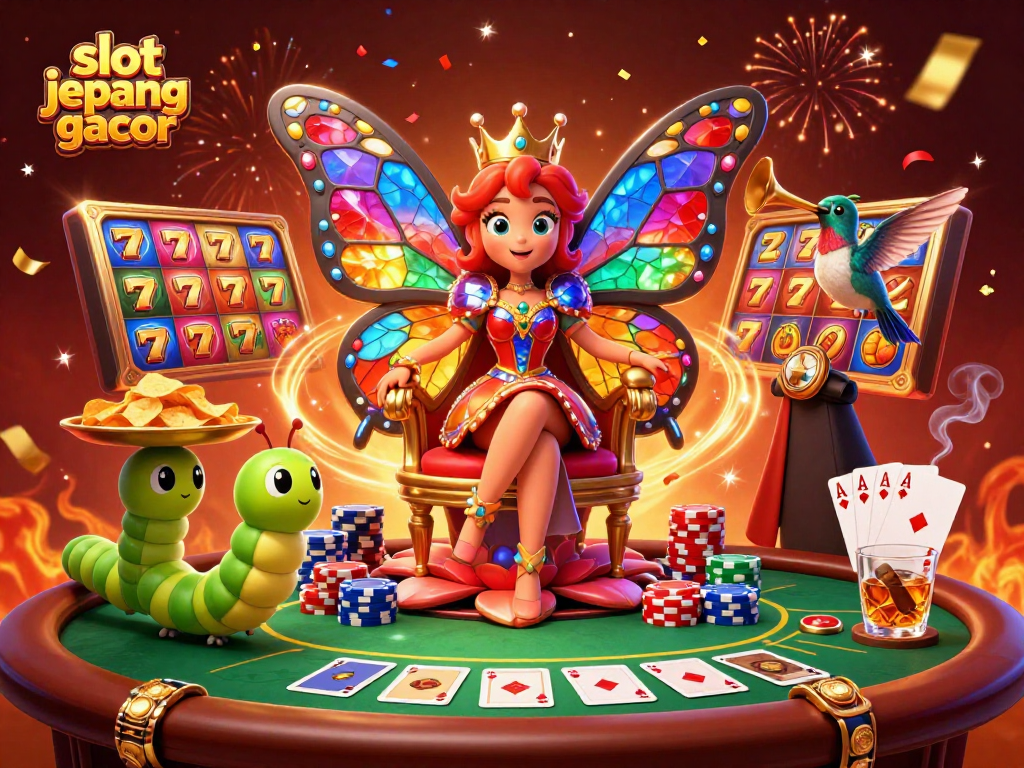 Experience the thrill with slot jepang gacor, featuring a vibrant casino scene with butterflies, chips, and slot reels.